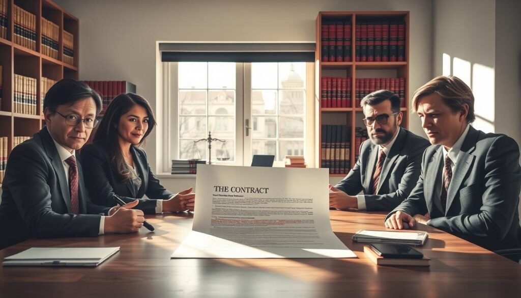 A visually compelling representation of the legal principle "no enrichment without cause." In the foreground, a well-dressed, diverse group of legal professionals engages in a serious discussion around a table, highlighting a contract visibly marked with red annotations. In the middle ground, shelves filled with legal books and documents create a scholarly atmosphere. The background features a window with sunlight streaming in, casting soft shadows, creating a professional yet warm environment. Shadows play across the table, emphasizing the focus on the contract. The overall mood is serious and contemplative, emphasizing the importance of justice and fairness in contractual relationships. No text, logos, or identifying features.