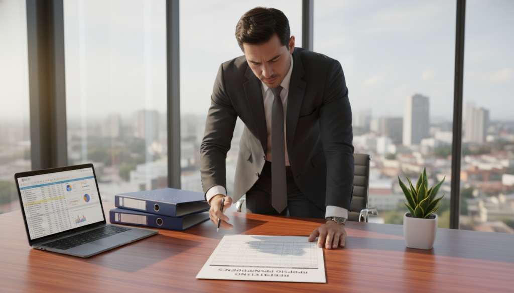 A well-organized workspace featuring a large, detailed "registro único proponentes" document prominently displayed on a polished wooden desk. In the foreground, a business professional in formal attire, such as a tailored suit, intently examines the document with a focused expression. In the middle ground, there are neatly stacked folders, a laptop with open spreadsheets, and a potted plant adding a touch of greenery. The background showcases a modern office setting with large windows letting in natural light, creating a warm, productive atmosphere. The lens captures the scene from a slightly elevated angle, giving a comprehensive view of the workspace and ensuring the ambiance feels both inviting and professional. The overall mood should convey a sense of trust, organization, and proactive planning.