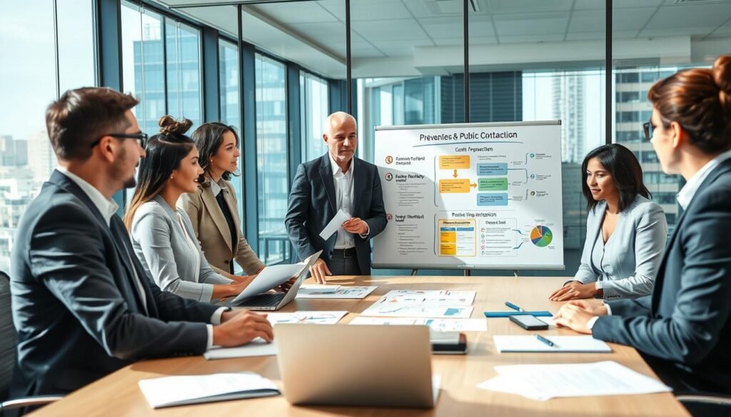 An office scene illustrating preventive strategies in administrative management. In the foreground, a diverse group of four professionals, dressed in smart business attire, engage in a collaborative discussion around a large table filled with documents, charts, and a laptop. In the middle, a whiteboard displays colorful diagrams and strategies related to conflict prevention and public contracting. The background features a modern office environment with glass windows showing a cityscape, bathed in natural daylight. The atmosphere is focused and proactive, conveying a sense of teamwork and accountability. Use a slightly elevated angle to capture the entire scene, emphasizing engagement and a strategic approach without any text or annotations. An office scene illustrating preventive strategies in administrative management. In the foreground, a diverse group of four professionals, dressed in smart business attire, engage in a collaborative discussion around a large table filled with documents, charts, and a laptop. In the middle, a whiteboard displays colorful diagrams and strategies related to conflict prevention and public contracting. The background features a modern office environment with glass windows showing a cityscape, bathed in natural daylight. The atmosphere is focused and proactive, conveying a sense of teamwork and accountability. Use a slightly elevated angle to capture the entire scene, emphasizing engagement and a strategic approach without any text or annotations.