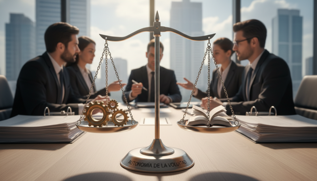 A balanced scale symbolizing "autonomía de la voluntad," positioned prominently in the foreground, crafted from elegant metals reflecting light. In the middle ground, diverse professionals in formal business attire engage in a collaborative discussion, surrounded by legal documents and a conference table, representing the concept of contract negotiation. A large window in the background reveals a modern city skyline, suggesting an urban public sector environment. Soft, natural lighting streams in, creating a warm yet professional atmosphere. The composition highlights themes of cooperation and legal intent, with a focused depth of field that draws the viewer's eye to the scale, embodying the essence of autonomy in public law and contracting.