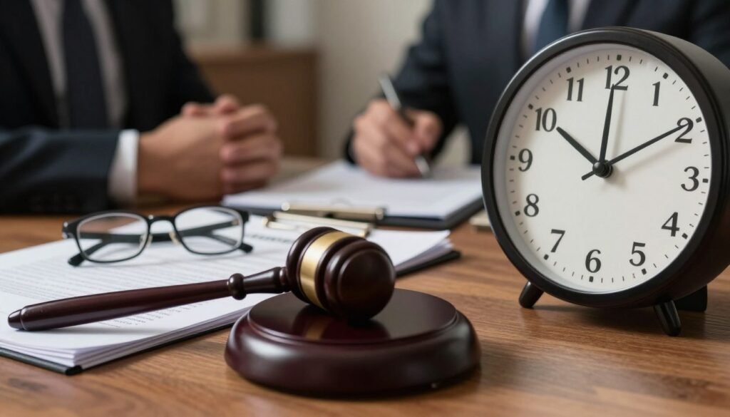 A close-up scene featuring a professional-looking clock with its hands nearing midnight, symbolizing urgency and the concept of a deadline. In the foreground, a gavel rests on a polished wooden table, signifying a judicial theme. The middle of the image shows a stack of legal documents with highlighted sections and a pair of reading glasses, suggesting careful examination of terms. In the background, soft-focus silhouettes of people in business attire engage in discussion, hinting at negotiation and decision-making. The atmosphere is serious and contemplative, illuminated by soft, warm overhead lighting that casts gentle shadows across the scene, emphasizing the importance of timelines in legal contracts. The overall mood is one of gravity, reflecting the critical nature of expiration terms in legal actions.