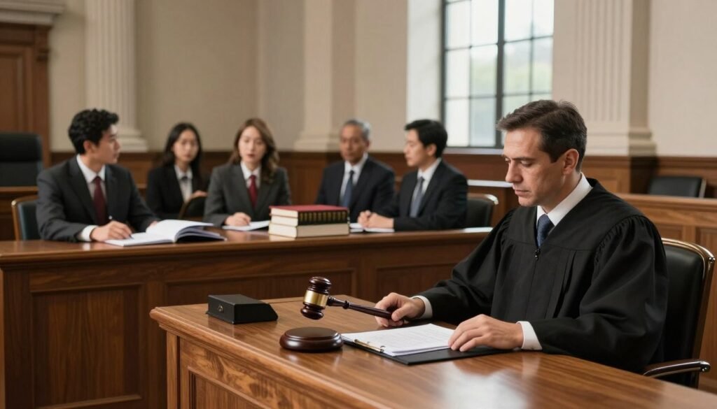 A courtroom scene depicting judicial control over administrative acts. In the foreground, a judge in professional attire sits at a wooden bench, holding a gavel and looking intently at legal documents. In the middle ground, a diverse group of lawyers, also in business attire, engage in a discussion, with a stack of case files and reference books on a table between them. The background features grand architectural elements like tall columns and large windows with natural light streaming in, casting soft shadows. The overall atmosphere is serious and contemplative, emphasizing the weight of judicial decisions. Use a slightly elevated angle to capture the dynamics of the courtroom, with warm lighting to enhance the solemn mood.