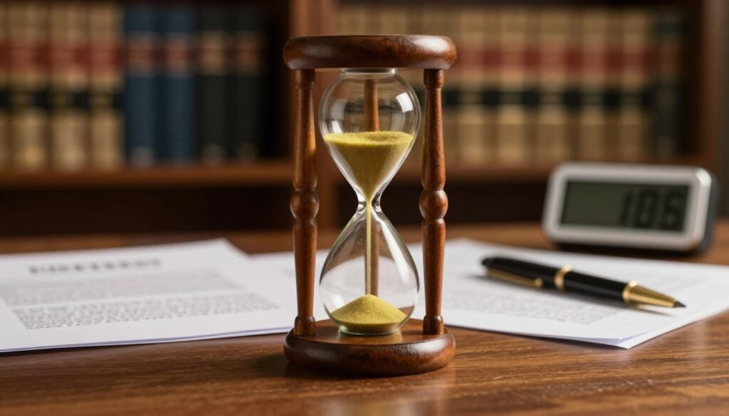 A detailed, close-up shot of a classic wooden hourglass, the sand in mid-flow, symbolizing the concept of expiration in contracts. The hourglass is set on a polished wooden desk cluttered with legal documents and a quill pen, with a soft golden light illuminating the scene, casting gentle shadows. In the background, out-of-focus bookshelves filled with legal texts create an academic atmosphere. A modern digital clock subtly hints at contrasting time elements. The mood is reflective and serious, emphasizing the importance of contractual deadlines. Ideal lens focus on the hourglass with a shallow depth of field, enhancing the subject's prominence.
