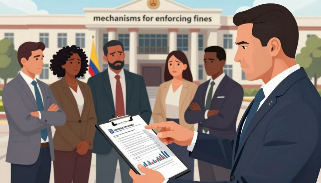 A detailed illustration depicting "mechanisms for enforcing fines" in the context of state contractors in Colombia. In the foreground, show a stern government official in a professional business suit, holding a clipboard and pointing at a digital tablet displaying legal documents and graphs. In the middle ground, include a diverse group of contractors in business attire, looking concerned as they discuss their situation. The background features an official-looking government building with flags, symbolizing authority. The lighting is bright and formal, casting soft shadows to create a serious atmosphere. Use a slightly elevated angle to capture the interaction and setting. Emphasize professionalism and the weight of compliance in this crucial enforcement process. A detailed illustration depicting "mechanisms for enforcing fines" in the context of state contractors in Colombia. In the foreground, show a stern government official in a professional business suit, holding a clipboard and pointing at a digital tablet displaying legal documents and graphs. In the middle ground, include a diverse group of contractors in business attire, looking concerned as they discuss their situation. The background features an official-looking government building with flags, symbolizing authority. The lighting is bright and formal, casting soft shadows to create a serious atmosphere. Use a slightly elevated angle to capture the interaction and setting. Emphasize professionalism and the weight of compliance in this crucial enforcement process.