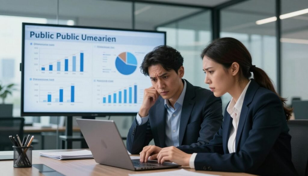 A detailed office setting depicting the challenges of public procurement in a digital transition. In the foreground, a professional man and woman in business attire are analyzing financial data on a laptop, with expressions of concern. The middle ground features a large screen displaying charts and graphs related to operational costs, emphasizing financial burdens. The background shows a modern office with glass walls and cityscape views, symbolizing transparency and bureaucracy. Soft, natural lighting filters through the windows, creating a serious yet focused atmosphere. The composition should convey a sense of urgency and professionalism, capturing the complexities of public contracting and financial management in a contemporary environment. A detailed office setting depicting the challenges of public procurement in a digital transition. In the foreground, a professional man and woman in business attire are analyzing financial data on a laptop, with expressions of concern. The middle ground features a large screen displaying charts and graphs related to operational costs, emphasizing financial burdens. The background shows a modern office with glass walls and cityscape views, symbolizing transparency and bureaucracy. Soft, natural lighting filters through the windows, creating a serious yet focused atmosphere. The composition should convey a sense of urgency and professionalism, capturing the complexities of public contracting and financial management in a contemporary environment.