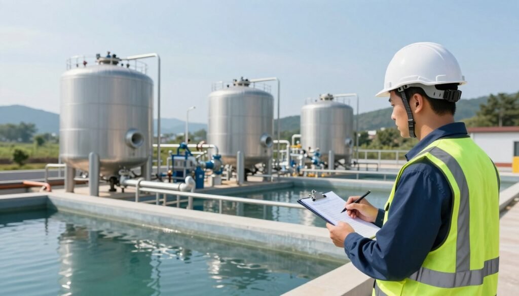 A detailed, professional scene depicting water infrastructure for potable water supply. In the foreground, an engineer in a hard hat and safety vest inspects a modern water treatment facility, taking notes on a clipboard. In the middle ground, large, clear tanks and advanced filtration systems are visible, emphasizing the technology involved in water purification. In the background, calm blue skies and hills create a serene landscape, with a few trees dotting the horizon. Soft, natural lighting enhances the clarity of the scene, captured from a slightly elevated angle to provide depth. The atmosphere is one of progress and sustainability, highlighting the essential role of water infrastructure in community development. A detailed, professional scene depicting water infrastructure for potable water supply. In the foreground, an engineer in a hard hat and safety vest inspects a modern water treatment facility, taking notes on a clipboard. In the middle ground, large, clear tanks and advanced filtration systems are visible, emphasizing the technology involved in water purification. In the background, calm blue skies and hills create a serene landscape, with a few trees dotting the horizon. Soft, natural lighting enhances the clarity of the scene, captured from a slightly elevated angle to provide depth. The atmosphere is one of progress and sustainability, highlighting the essential role of water infrastructure in community development.
