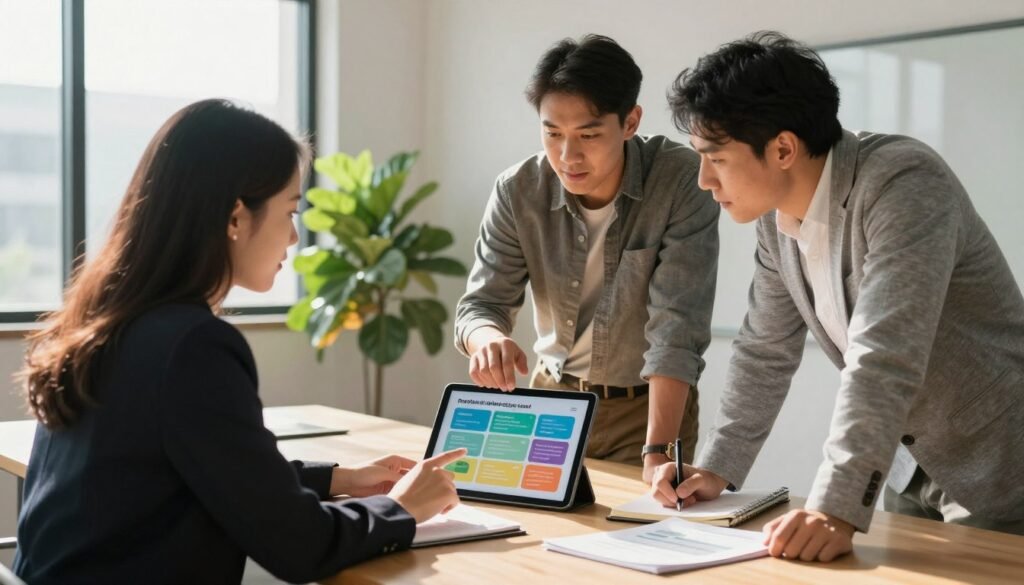 A diverse group of three professionals, one woman and two men, engaged in a discussion in a modern conference room. The woman, wearing a smart blazer, points at a colorful infographic on a tablet, illustrating environmental and social criteria. The men, dressed in business casual attire, lean in with interest, one holding a notebook. Sunlight streams through large windows, creating a warm, inviting atmosphere, accentuating the urgency and importance of their conversation. In the background, a green plant symbolizing sustainability sits on a table, along with documents related to public procurement strategies. This image conveys collaboration and innovation in implementing environmental and social considerations in public purchasing. The focus is on meaningful dialogue and strategic planning, showcasing a progressive approach to responsible procurement.