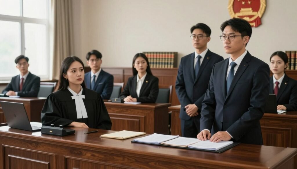 A formal administrative courtroom setting, showcasing a diverse group of professionals engaged in a judicial process. In the foreground, a serious-looking judge presides over a nicely decorated wooden bench, wearing traditional robes. A lawyer, dressed in a crisp suit, stands confidently while presenting a case, with documents and legal files organized on the table. In the middle ground, a few attentive witnesses observe, each suitably dressed in professional attire, with expressions of focus and concern. The background features ornate court decor, including law books and a national emblem on the wall. Soft, natural light filters through large windows, creating a serious and authoritative atmosphere. The scene conveys a sense of justice and professionalism, essential to the administrative litigation process.