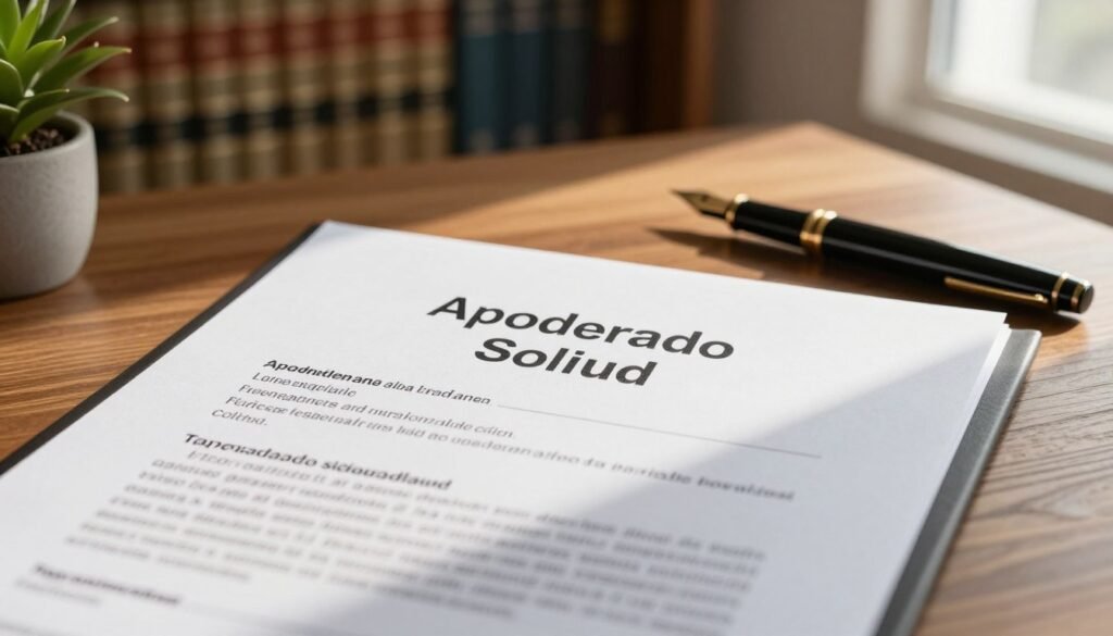 A legal document titled "Apoderado Solicitud" prominently displayed on a polished wooden desk. The document features clean, modern typography and is partially framed by a classic fountain pen and a small potted plant for a touch of greenery. In the background, soft-focus shelves filled with law books evoke a scholarly atmosphere. The scene is illuminated by warm, natural light streaming in from a nearby window, creating inviting shadows and highlights. The overall mood is professional and serious, representing the importance of legal procedures. The camera is positioned at a slight angle to capture depth, with a shallow depth of field to emphasize the document at the forefront.