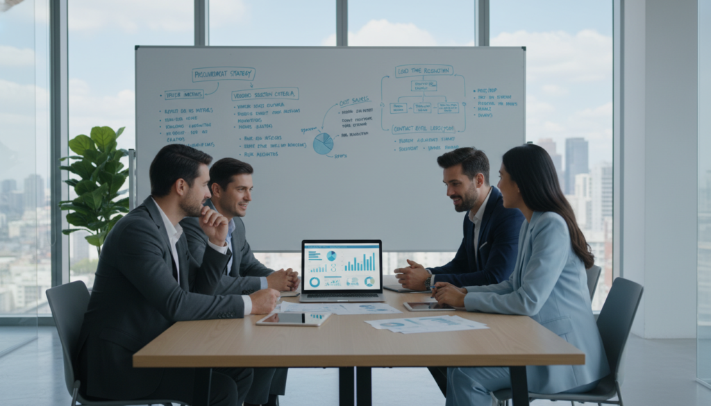 A modern, minimalistic office setting that emphasizes procurement processes. In the foreground, a diverse group of three professional individuals (two men and one woman) in business attire are discussing over a table with documents and a laptop displaying charts and graphs related to purchasing. The focus is on their engaged expressions and teamwork. In the middle ground, a whiteboard filled with diagrams and bullet points on procurement strategies is visible. The background features large windows with natural daylight streaming in, reflecting an urban skyline. The atmosphere is collaborative and focused, with a slight depth of field that softens the background while keeping the foreground sharp. The overall color palette consists of soft blues and grays, promoting a calm and professional mood. A modern, minimalistic office setting that emphasizes procurement processes. In the foreground, a diverse group of three professional individuals (two men and one woman) in business attire are discussing over a table with documents and a laptop displaying charts and graphs related to purchasing. The focus is on their engaged expressions and teamwork. In the middle ground, a whiteboard filled with diagrams and bullet points on procurement strategies is visible. The background features large windows with natural daylight streaming in, reflecting an urban skyline. The atmosphere is collaborative and focused, with a slight depth of field that softens the background while keeping the foreground sharp. The overall color palette consists of soft blues and grays, promoting a calm and professional mood.