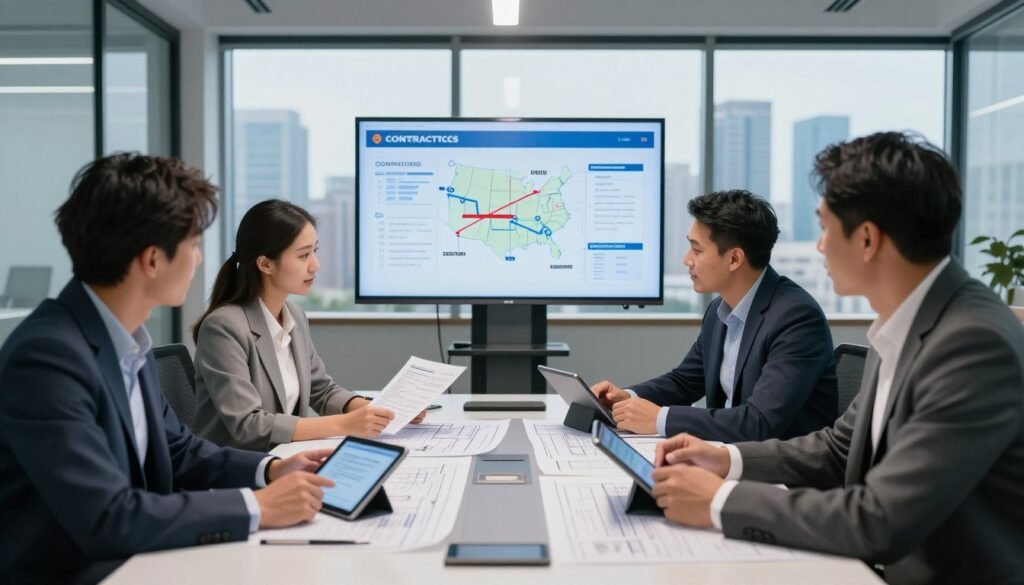 A modern office environment filled with professionals engaged in a collaborative meeting on national infrastructure projects. In the foreground, a diverse group of four individuals—two men and two women—are seated around a sleek conference table covered with blueprints and digital tablets. They are dressed in professional business attire, examining documents that reflect new contracting templates. In the middle, a large screen displays diagrams and flowcharts related to state contracting processes, illuminated by soft overhead lights. In the background, large windows showcase a city skyline, hinting at progress and development. The atmosphere is focused and collaborative, with a sense of urgency and optimism about implementing new standards. The angle is slightly elevated to capture the dynamic interactions and the seriousness of the meeting.