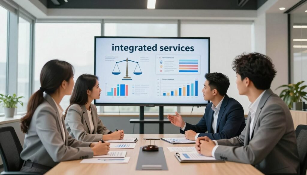 A modern office environment illustrating the concept of "integrated services". In the foreground, a diverse group of three professionals in smart business attire—two women and one man, engaged in a focused discussion around a large conference table strewn with charts and documents. The middle layer features a digital screen displaying graphs and flowcharts related to legal frameworks and service applications, capturing an analytical atmosphere. In the background, large windows allow natural light to flood the space, enhancing the sense of transparency and collaboration. The overall mood is one of professionalism and teamwork, highlighting the importance of integrated services within the legal context. Soft, warm lighting creates a welcoming and motivating ambiance. A modern office environment illustrating the concept of "integrated services". In the foreground, a diverse group of three professionals in smart business attire—two women and one man, engaged in a focused discussion around a large conference table strewn with charts and documents. The middle layer features a digital screen displaying graphs and flowcharts related to legal frameworks and service applications, capturing an analytical atmosphere. In the background, large windows allow natural light to flood the space, enhancing the sense of transparency and collaboration. The overall mood is one of professionalism and teamwork, highlighting the importance of integrated services within the legal context. Soft, warm lighting creates a welcoming and motivating ambiance.