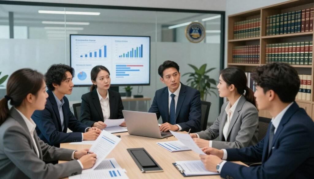 A modern office environment showcasing regulatory bodies overseeing financial compliance. In the foreground, a diverse group of professionals in business attire is engaged in a serious discussion, with documents regarding financial regulations and compliance visible on the table. The middle ground features a large, transparent glass wall displaying various charts and graphs related to financial penalties and compliance metrics. In the background, shelves are filled with legal books and organizational badges emphasizing authority. Soft, diffused lighting illuminates the scene, creating a professional yet serious atmosphere. The camera angle is slightly elevated, giving a broad view of the teamwork and the seriousness of compliance. Focus on clear details and composition without distractions or text overlays.