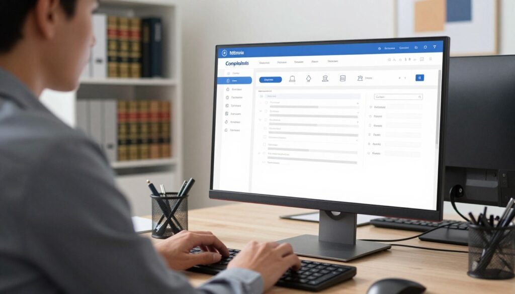 A modern office environment showing a professional, focused individual in business attire, seated in front of a computer with an open digital platform for electronic submissions. The foreground features the individual's hands typing on the keyboard, showcasing a detailed view of a well-organized digital file system. In the middle, a large computer monitor displays an intuitive interface for filing electronic complaints, with various icons representing documents and forms. The background reveals a bright, well-lit office space with shelves of legal books and abstract artwork, creating an atmosphere of professionalism and efficiency. Soft, natural lighting highlights the scene, capturing the essence of a contemporary legal workflow process. The overall mood is one of determination and clarity, emphasizing the importance of electronic filing in legal proceedings.
