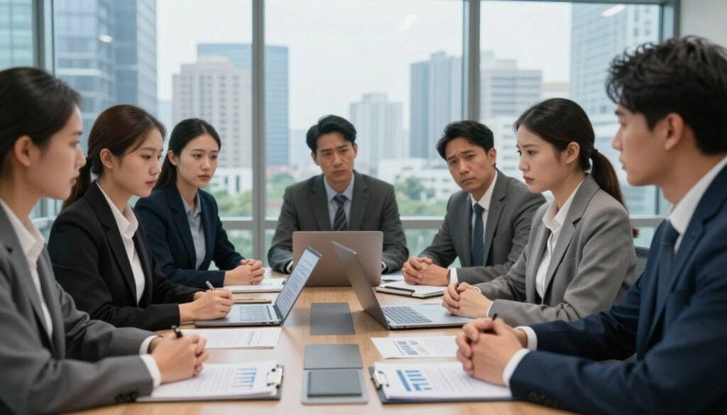 A professional business meeting scene set in a modern office, capturing the tense atmosphere surrounding contractual disputes. In the foreground, a diverse group of professionals in business attire engaged in a serious discussion, with concerned expressions reflecting the weight of unresolved issues. The middle ground features a large conference table cluttered with legal documents, contracts, and a laptop displaying graphs and charts. In the background, large glass windows offer a view of a city skyline, symbolizing the high stakes involved. Soft, natural lighting filters through, creating an atmosphere of urgency and focus, with a slight depth of field emphasizing the foreground subjects. The overall mood is one of intense deliberation and the consequences of legal challenges. A professional business meeting scene set in a modern office, capturing the tense atmosphere surrounding contractual disputes. In the foreground, a diverse group of professionals in business attire engaged in a serious discussion, with concerned expressions reflecting the weight of unresolved issues. The middle ground features a large conference table cluttered with legal documents, contracts, and a laptop displaying graphs and charts. In the background, large glass windows offer a view of a city skyline, symbolizing the high stakes involved. Soft, natural lighting filters through, creating an atmosphere of urgency and focus, with a slight depth of field emphasizing the foreground subjects. The overall mood is one of intense deliberation and the consequences of legal challenges.