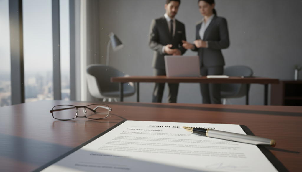 A professional business setting, featuring a close-up of a desk where a legal contract titled "Cesión de Contrato" is prominently displayed, with a pen poised beside it, indicating readiness to sign. In the background, blurred silhouettes of two business professionals in smart attire discussing over a laptop, symbolizing collaboration and negotiation. Natural light streaming in through large windows creates a warm, inviting atmosphere, enhancing the sense of professionalism. The focus is sharp on the contract, with soft bokeh effect on the background to draw attention to the key subject matter. The overall mood conveys seriousness and diligence, suitable for a legal or business context, emphasizing the importance of clarity and validity in contract assignments.