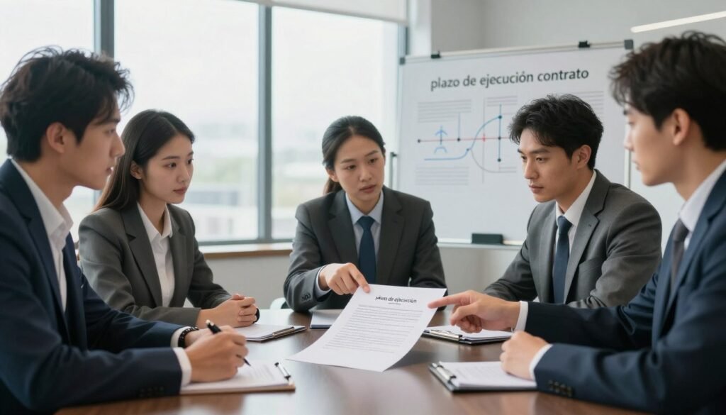 A professional business setting showcasing the concept of "plazo de ejecución contrato." In the foreground, a diverse group of business professionals in formal attire are engaged in a serious discussion, pointing at a large contract document on a sleek conference table. The middle ground features a modern office environment with a large window, letting in soft, natural light that highlights the seriousness of the conversation. In the background, a whiteboard displays diagrams and timelines related to contract execution, emphasizing the evolution of jurisprudence. The scene captures a focused atmosphere, conveying the weight of legal responsibilities and timeframes in contract execution. Use a slight depth of field to create a cinematic feel, inviting the viewer to engage with the details. A professional business setting showcasing the concept of "plazo de ejecución contrato." In the foreground, a diverse group of business professionals in formal attire are engaged in a serious discussion, pointing at a large contract document on a sleek conference table. The middle ground features a modern office environment with a large window, letting in soft, natural light that highlights the seriousness of the conversation. In the background, a whiteboard displays diagrams and timelines related to contract execution, emphasizing the evolution of jurisprudence. The scene captures a focused atmosphere, conveying the weight of legal responsibilities and timeframes in contract execution. Use a slight depth of field to create a cinematic feel, inviting the viewer to engage with the details.