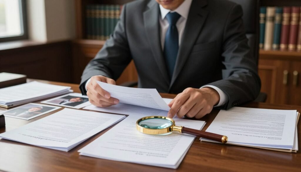 A professional lawyer seated at a polished wooden desk, surrounded by a collection of legal documents and files that represent evidence – such as photographs, reports, and witness statements. In the foreground, a detailed close-up of a magnifying glass focusing on a piece of evidence, emphasizing scrutiny and analysis. In the middle, the lawyer, dressed in a sharp, professional suit, reviews materials with a thoughtful expression. The background features a softly lit law library filled with books and a warm ambiance, creating an atmosphere of seriousness and diligence. Use natural light filtering through a window to illuminate the scene, highlighting the important details of the documents and the lawyer's focused demeanor.
