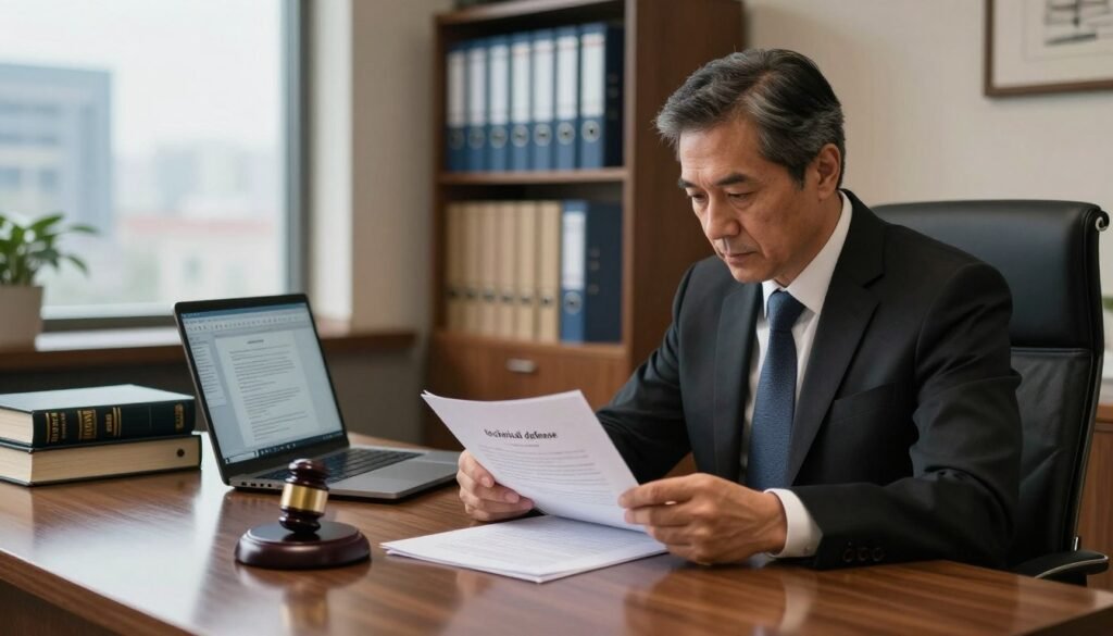 A professional lawyer sitting at a sleek wooden desk, engaged in a detailed review of legal documents, symbolizing "technical defense" in a legal context. The foreground features the lawyer, a middle-aged individual in formal attire, with a focused expression, examining papers under warm, focused lighting that highlights their features. The middle ground includes an open laptop displaying legal software and a stack of law books, representing meticulous preparation. In the background, a well-organized office with shelves filled with legal binders and a cityscape visible through a large window, suggesting a bustling legal environment. The atmosphere is one of determination and professionalism, evoking a sense of security in legal defense.