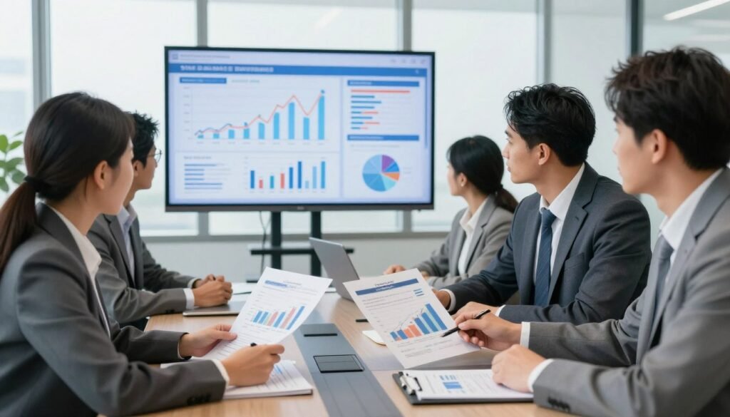 A professional office environment depicting a diverse group of business professionals engaged in a financial meeting. In the foreground, two individuals in professional business attire are analyzing financial documents and graphs on a sleek conference table, showcasing charts that represent capability and financial resources. In the middle ground, a large wall-mounted screen displays detailed data and financial metrics crucial for state contracts. The background features a modern office with large windows letting in natural light, creating a bright and collaborative atmosphere. The mood is focused and determined, emphasizing the seriousness of demonstrating financial capacity. The angle is slightly elevated to capture both the meeting dynamic and the informative displays.