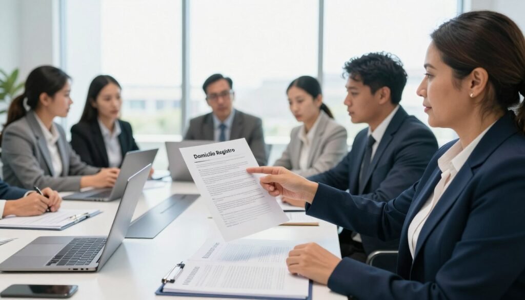 A professional office environment featuring a diverse group of business people engaged in a discussion about international procurement requirements. In the foreground, a middle-aged Hispanic woman in business attire is pointing to a document labeled “Domicilio Registro”, highlighting important points. The middle ground includes a sleek conference table with laptops, files, and legal documents spread out, symbolizing an organized workspace. In the background, large windows let in bright, natural light, illuminating the room and enhancing the productive atmosphere. The image should convey a sense of collaboration and professionalism, capturing the essence of international business guidelines and requirements.