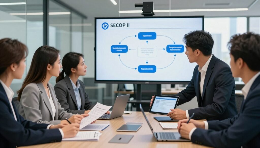 A professional office environment featuring a diverse group of business people engaged in a collaborative meeting about creating a supplier account. In the foreground, a woman in professional attire is reviewing paperwork, while a man in a suit presents on a digital tablet. In the middle ground, a large screen displays the SECOP II logo and diagrams outlining the supplier account registration process. The background shows a modern office with glass walls and cityscape views. The lighting is bright and inviting, creating a focused atmosphere. The image captures the essence of teamwork and professionalism while emphasizing the step-by-step process of account creation in a corporate setting. A professional office environment featuring a diverse group of business people engaged in a collaborative meeting about creating a supplier account. In the foreground, a woman in professional attire is reviewing paperwork, while a man in a suit presents on a digital tablet. In the middle ground, a large screen displays the SECOP II logo and diagrams outlining the supplier account registration process. The background shows a modern office with glass walls and cityscape views. The lighting is bright and inviting, creating a focused atmosphere. The image captures the essence of teamwork and professionalism while emphasizing the step-by-step process of account creation in a corporate setting.