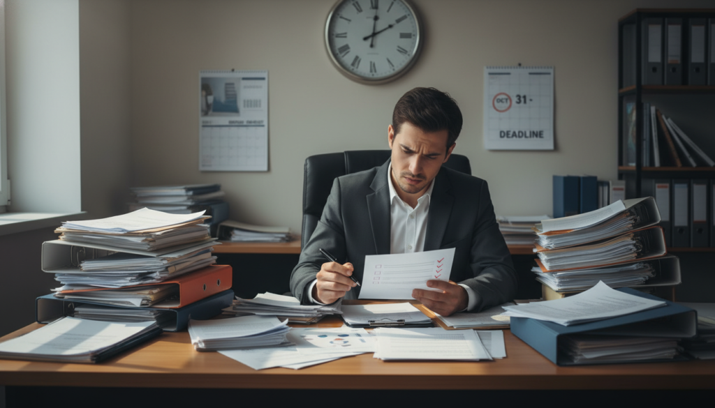 A professional office environment focusing on a desk cluttered with various documents, papers, and folders symbolizing "falta de documentos oferta." In the foreground, a concerned individual in business attire examines a checklist while holding a pen, displaying a sense of urgency. In the middle, stacks of unorganized paperwork are scattered, some partially open to reveal legal documents and forms. The background shows a wall with a calendar and a clock emphasizing the importance of deadlines. Soft natural light streams through a nearby window, casting gentle shadows, creating a serious yet focused atmosphere. The mood conveys a sense of urgency and professionalism, highlighting the challenges of dealing with missing formal documents in a legal context. A professional office environment focusing on a desk cluttered with various documents, papers, and folders symbolizing "falta de documentos oferta." In the foreground, a concerned individual in business attire examines a checklist while holding a pen, displaying a sense of urgency. In the middle, stacks of unorganized paperwork are scattered, some partially open to reveal legal documents and forms. The background shows a wall with a calendar and a clock emphasizing the importance of deadlines. Soft natural light streams through a nearby window, casting gentle shadows, creating a serious yet focused atmosphere. The mood conveys a sense of urgency and professionalism, highlighting the challenges of dealing with missing formal documents in a legal context.