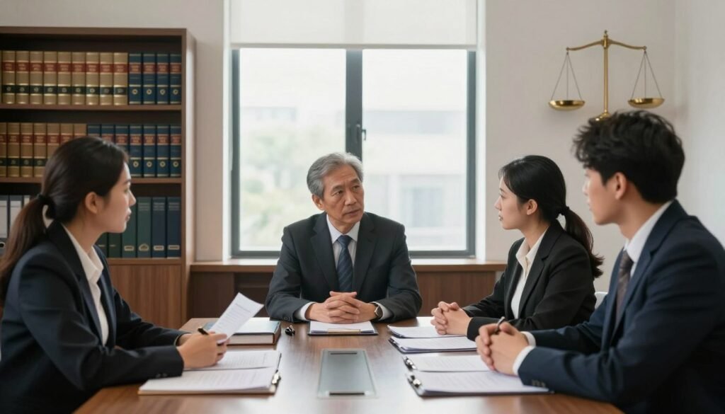 A professional office environment showcasing the judicial liquidation process of a state contract. In the foreground, a diverse group of three business professionals, dressed in formal attire, are engaged in a detailed discussion around a large conference table piled with documents and legal books. In the middle, a large window lets in soft natural light, illuminating the scene and casting soft shadows. The background features a well-organized bookshelf filled with legal texts, and a symbolic scale of justice hung on the wall, representing fairness and resolution. The overall atmosphere is serious and focused, capturing the intensity and importance of the judicial process in contract liquidation, emphasizing professionalism and authority. A professional office environment showcasing the judicial liquidation process of a state contract. In the foreground, a diverse group of three business professionals, dressed in formal attire, are engaged in a detailed discussion around a large conference table piled with documents and legal books. In the middle, a large window lets in soft natural light, illuminating the scene and casting soft shadows. The background features a well-organized bookshelf filled with legal texts, and a symbolic scale of justice hung on the wall, representing fairness and resolution. The overall atmosphere is serious and focused, capturing the intensity and importance of the judicial process in contract liquidation, emphasizing professionalism and authority.