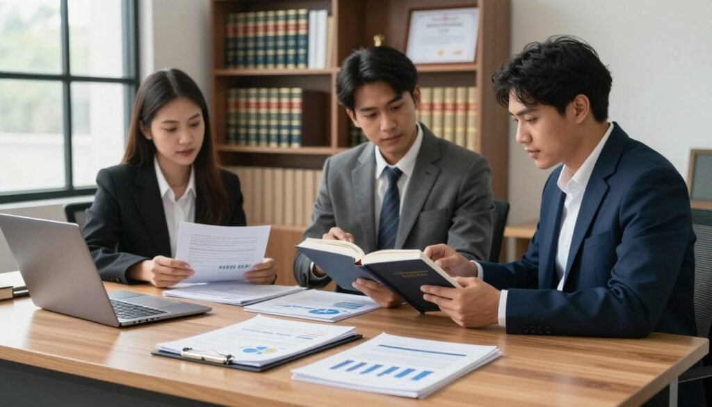 A professional office setting depicting legal resources available for debtors. In the foreground, a well-organized wooden desk with legal documents, case files, and a laptop reflecting charts and graphs about debt management. On the middle ground, a diverse group of three individuals in professional business attire — a woman reviewing documents, a man discussing with a colleague, and another person studying a legal book. In the background, a large bookshelf filled with law books and framed certificates. Soft, natural lighting streaming in through a large window, creating a calm, focused atmosphere. The overall mood conveys professionalism, collaboration, and determination to navigate legal challenges.