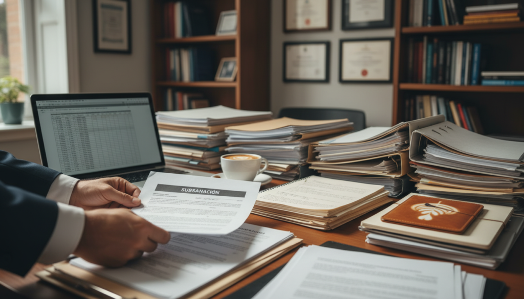 A professional office setting, featuring a meticulous desk cluttered with stacked documents and files in a neat arrangement. In the foreground, a pair of hands, dressed in formal business attire, carefully sorts through a few key documents labeled "Subsanación." The middle ground showcases an organized workspace with a laptop displaying a spreadsheet, a cup of coffee, and a notepad with scribbled notes. The background subtly reveals a well-lit office with shelves of books and certificates, emphasizing professionalism. Soft, natural light streams in through a nearby window, creating a warm and focused atmosphere. The mood is one of diligence and attention to detail, highlighting the importance of document correction in the procurement process. A professional office setting, featuring a meticulous desk cluttered with stacked documents and files in a neat arrangement. In the foreground, a pair of hands, dressed in formal business attire, carefully sorts through a few key documents labeled "Subsanación." The middle ground showcases an organized workspace with a laptop displaying a spreadsheet, a cup of coffee, and a notepad with scribbled notes. The background subtly reveals a well-lit office with shelves of books and certificates, emphasizing professionalism. Soft, natural light streams in through a nearby window, creating a warm and focused atmosphere. The mood is one of diligence and attention to detail, highlighting the importance of document correction in the procurement process.