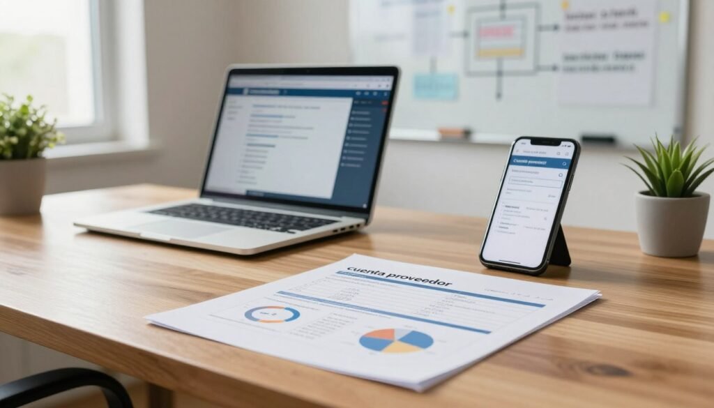 A professional office setting focusing on a "cuenta proveedor" document arranged neatly on a wooden desk. In the foreground, the document is clearly visible, featuring charts and lists pertinent to supplier accounts, illuminated by soft, natural lighting from a nearby window. The middle ground includes a laptop and a smartphone, displaying business applications that enhance the theme of company registration. In the background, a wall-mounted whiteboard with written notes and diagrams on business processes creates context. The atmosphere is focused and organized, conveying a sense of professionalism and diligence. The overall color palette is warm and inviting, highlighted with touches of green from small office plants. No people are present in the image, ensuring a clean and professional visual representation for the article section. A professional office setting focusing on a "cuenta proveedor" document arranged neatly on a wooden desk. In the foreground, the document is clearly visible, featuring charts and lists pertinent to supplier accounts, illuminated by soft, natural lighting from a nearby window. The middle ground includes a laptop and a smartphone, displaying business applications that enhance the theme of company registration. In the background, a wall-mounted whiteboard with written notes and diagrams on business processes creates context. The atmosphere is focused and organized, conveying a sense of professionalism and diligence. The overall color palette is warm and inviting, highlighted with touches of green from small office plants. No people are present in the image, ensuring a clean and professional visual representation for the article section.