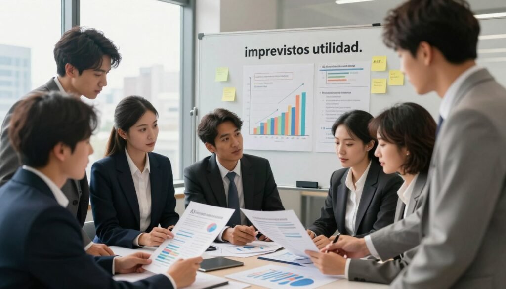 A professional office setting illustrating the concept of "imprevistos utilidad." In the foreground, a diverse group of business professionals dressed in smart business attire are examining charts and financial reports with focused expressions. In the middle ground, a large whiteboard displays colorful graphs and bullet points summarizing key components of AIU, surrounded by sticky notes. The background features a large window with natural light spilling in, highlighting a city skyline. The mood is collaborative and purposeful, with soft, warm lighting enhancing the atmosphere. The angle is slightly elevated, capturing both the team’s engagement and the visual aids they are analyzing. No captions or text appears in the image. A professional office setting illustrating the concept of "imprevistos utilidad." In the foreground, a diverse group of business professionals dressed in smart business attire are examining charts and financial reports with focused expressions. In the middle ground, a large whiteboard displays colorful graphs and bullet points summarizing key components of AIU, surrounded by sticky notes. The background features a large window with natural light spilling in, highlighting a city skyline. The mood is collaborative and purposeful, with soft, warm lighting enhancing the atmosphere. The angle is slightly elevated, capturing both the team’s engagement and the visual aids they are analyzing. No captions or text appears in the image.