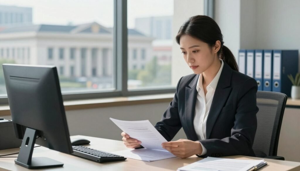 A professional office setting in the foreground, featuring a confident businesswoman dressed in formal attire, reviewing documents at a sleek desk. In the middle, a large window shows a cityscape with public buildings, symbolizing governmental entities. The scene conveys a sense of responsibility and diligence, with soft natural light illuminating the workspace, casting gentle shadows. The background subtly highlights organized files and binders labeled with terms like "obligations" and "debt management." A slight angle from above captures the seriousness of the task while adding depth. The atmosphere is focused and determined, reflecting the principles and limits related to financial management in public entities.