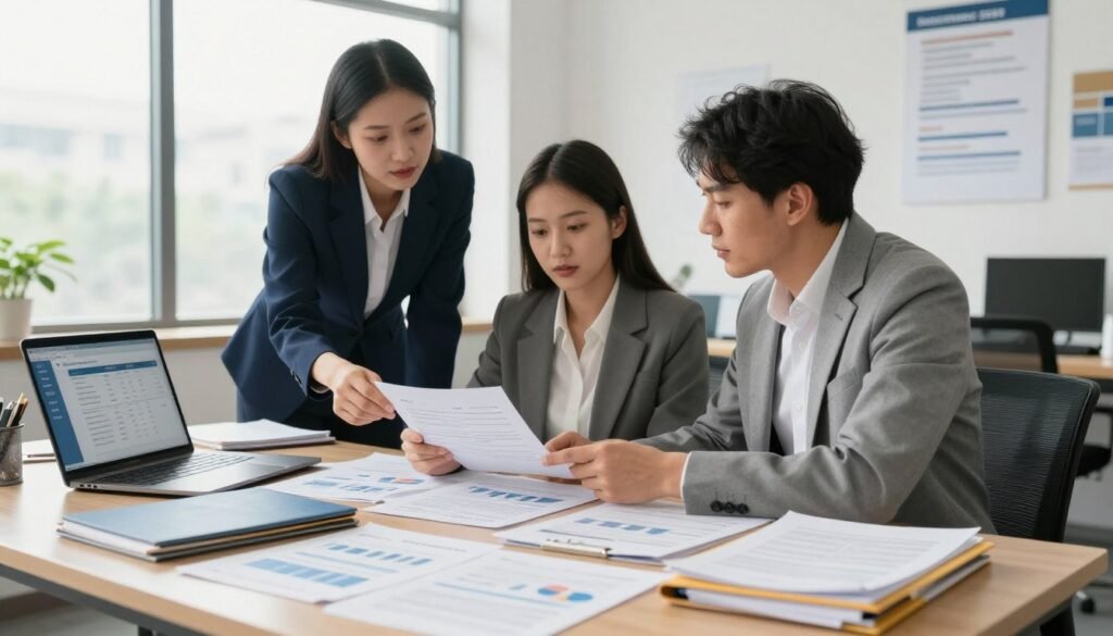 A professional office setting showcasing document management practices. In the foreground, an organized desk cluttered with various types of documents, folders, and a laptop displaying a digital filing system. In the middle, a diverse team of three professionals in business attire—two women and one man—collaborating over the documents, pointing at charts and notes with focused expressions. The background features a bright, modern office with large windows allowing natural light to illuminate the space, providing a sense of clarity and openness. Soft focus on motivational posters discussing best practices for contractual management on the walls. The overall atmosphere conveys productivity and teamwork, highlighting the importance of effective document management and updates in contract administration. A professional office setting showcasing document management practices. In the foreground, an organized desk cluttered with various types of documents, folders, and a laptop displaying a digital filing system. In the middle, a diverse team of three professionals in business attire—two women and one man—collaborating over the documents, pointing at charts and notes with focused expressions. The background features a bright, modern office with large windows allowing natural light to illuminate the space, providing a sense of clarity and openness. Soft focus on motivational posters discussing best practices for contractual management on the walls. The overall atmosphere conveys productivity and teamwork, highlighting the importance of effective document management and updates in contract administration.