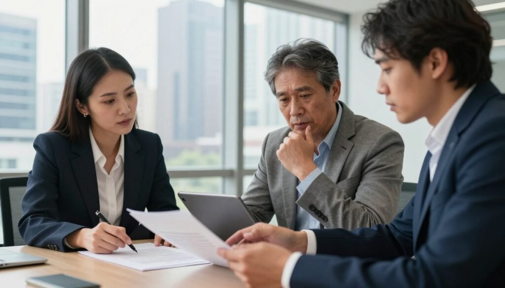 A professional office setting, where a diverse group of three business people is engaged in a serious discussion about contract compliance. In the foreground, a middle-aged woman in a formal suit is pointing to a document, while a young man in a blazer reviews notes on a tablet. A senior man, dressed in business casual attire, gestures thoughtfully, emphasizing key points. The background features a large glass window showing a city skyline, bathed in natural daylight, enhancing the atmosphere of professionalism and urgency. The scene conveys a mood of determination and focus, showcasing the importance of managing penalties and fulfilling obligations in a business partnership. The image should be photorealistic with sharp details, soft shadows, and an angle that captures the intensity of their discussion. A professional office setting, where a diverse group of three business people is engaged in a serious discussion about contract compliance. In the foreground, a middle-aged woman in a formal suit is pointing to a document, while a young man in a blazer reviews notes on a tablet. A senior man, dressed in business casual attire, gestures thoughtfully, emphasizing key points. The background features a large glass window showing a city skyline, bathed in natural daylight, enhancing the atmosphere of professionalism and urgency. The scene conveys a mood of determination and focus, showcasing the importance of managing penalties and fulfilling obligations in a business partnership. The image should be photorealistic with sharp details, soft shadows, and an angle that captures the intensity of their discussion.