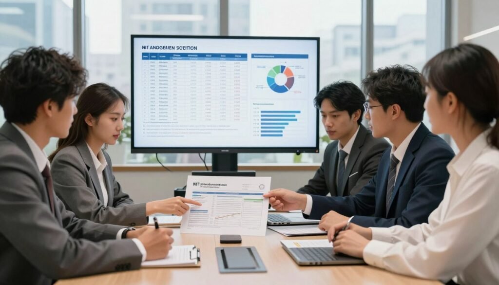 A professional office setting with a modern conference table at the center and a clear financial document showcasing tax obligations and NIT management. In the foreground, diverse business professionals, dressed in smart business attire, are engaged in discussion and analyzing the document, reflecting collaboration in a temporary union. The middle ground features a digital display graphic of tax forms and compliance charts, illustrating the complexities of tax responsibilities. The background shows a large window with city views, allowing natural light to illuminate the room, creating a productive and focused atmosphere. Soft, warm lighting enhances the mood, emphasizing teamwork and professionalism in financial management. A professional office setting with a modern conference table at the center and a clear financial document showcasing tax obligations and NIT management. In the foreground, diverse business professionals, dressed in smart business attire, are engaged in discussion and analyzing the document, reflecting collaboration in a temporary union. The middle ground features a digital display graphic of tax forms and compliance charts, illustrating the complexities of tax responsibilities. The background shows a large window with city views, allowing natural light to illuminate the room, creating a productive and focused atmosphere. Soft, warm lighting enhances the mood, emphasizing teamwork and professionalism in financial management.