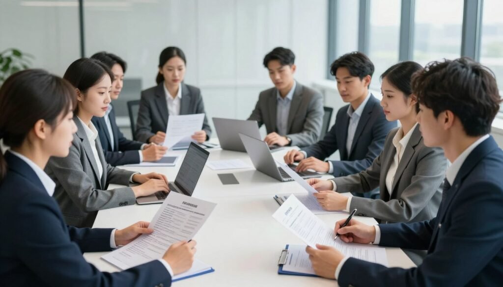 A professional scene depicting a transparent selection process in a corporate environment. In the foreground, a diverse group of applicants in business attire, engaged in a thoughtful discussion, showcasing their resumes and experiences. The middle ground features a selection panel composed of attentive recruiters sitting at a table, reviewing applications on laptops, with clear expressions of focus and engagement. The background displays a modern office setting, with large windows letting in natural light, emphasizing a bright and open atmosphere. The lighting is soft and inviting, highlighting the seriousness yet hopeful mood of the selection process. The angle captures both the applicants and recruiters, symbolizing the importance of transparency and communication in hiring.