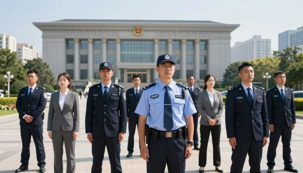 A professional scene depicting civil responsibility of security guards in a modern urban setting. In the foreground, a diverse group of security personnel in crisp, business attire stands vigilant, embodying professionalism and accountability. In the middle ground, a government building signifies the context of state contracts, with clear architectural details and a well-manicured landscape. The background features a bustling cityscape under a bright, clear sky, adding a sense of activity and purpose. The lighting is bright and natural, enhancing the seriousness of the scene while casting soft shadows. The mood is focused and proactive, illustrating the concept of civil responsibility with a sense of urgency and integrity.