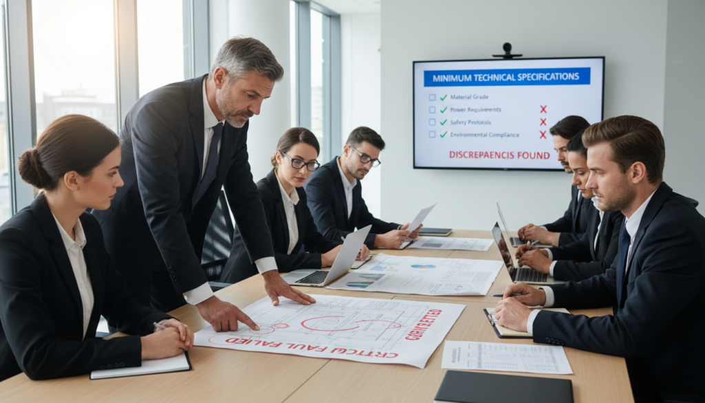 A professional setting depicting a team of business professionals gathered around a conference table, analyzing technical documents and specifications. In the foreground, a middle-aged man in a suit points to a document with critical errors, showing concern. In the middle ground, colleagues are scrutinizing blueprints and spec sheets, their expressions serious and focused. The background includes a large screen displaying a slide with a checklist titled "Minimum Technical Specifications," highlighting discrepancies. The lighting is bright and clear, with natural sunlight filtering through large windows, creating a collaborative atmosphere. The overall mood conveys urgency and the importance of adhering to technical specifications in project proposals. A professional setting depicting a team of business professionals gathered around a conference table, analyzing technical documents and specifications. In the foreground, a middle-aged man in a suit points to a document with critical errors, showing concern. In the middle ground, colleagues are scrutinizing blueprints and spec sheets, their expressions serious and focused. The background includes a large screen displaying a slide with a checklist titled "Minimum Technical Specifications," highlighting discrepancies. The lighting is bright and clear, with natural sunlight filtering through large windows, creating a collaborative atmosphere. The overall mood conveys urgency and the importance of adhering to technical specifications in project proposals.