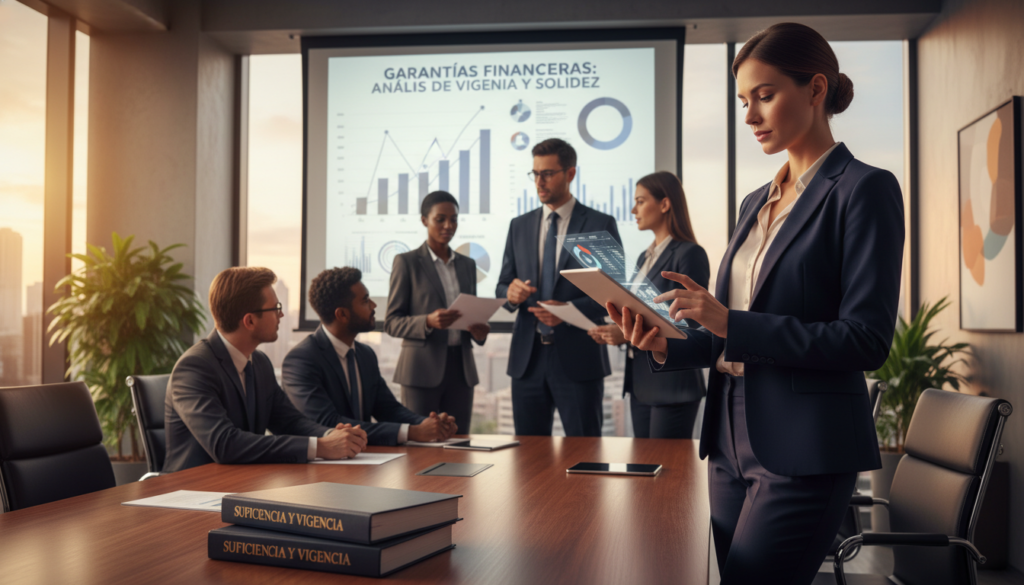 A professional setting depicting the concept of "Suficiencia y vigencia de las garantías." In the foreground, a confident businesswoman in a tailored suit stands near a large table covered with legal documents and a digital tablet, analyzing data on financial guarantees. In the middle ground, a diverse group of professionals, dressed in smart business attire, engage in thoughtful discussion, with charts and graphs displayed on a projector screen behind them. The background features a modern office environment with large windows allowing natural light to flood in, creating a bright and inviting atmosphere. The focus is on collaboration and assurance, with a warm color palette to enhance a sense of trust and professionalism. The image captures the essence of stability and reliability in financial guarantees.