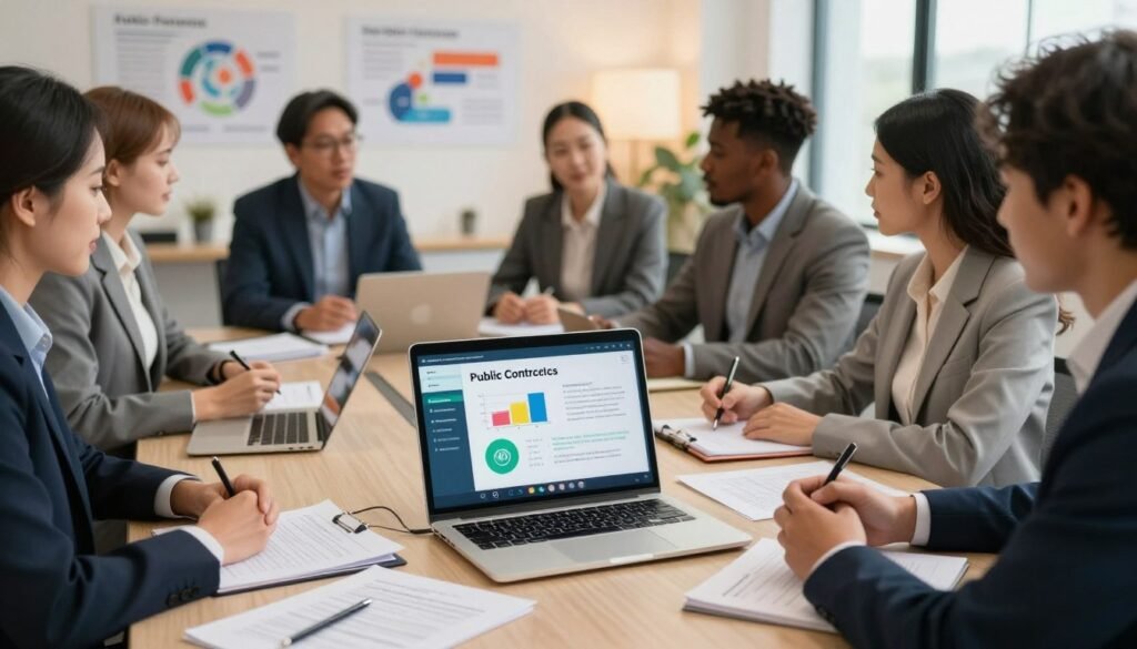 A professional setting featuring a diverse group of engaged individuals attending a virtual training session on public contracting. In the foreground, a laptop displays a colorful training interface, surrounded by notes and contracts, symbolizing learning and engagement. The middle ground shows professionals of different ethnicities in smart business attire, actively participating in the session, with some taking notes and others discussing ideas amongst themselves. In the background, a soft-lit conference room is visible, adorned with charts and infographics related to public procurement. The overall atmosphere is focused and collaborative, emphasizing the importance of virtual training and professional development in public contracting. The lighting is bright but warm, creating an inviting environment for learning.