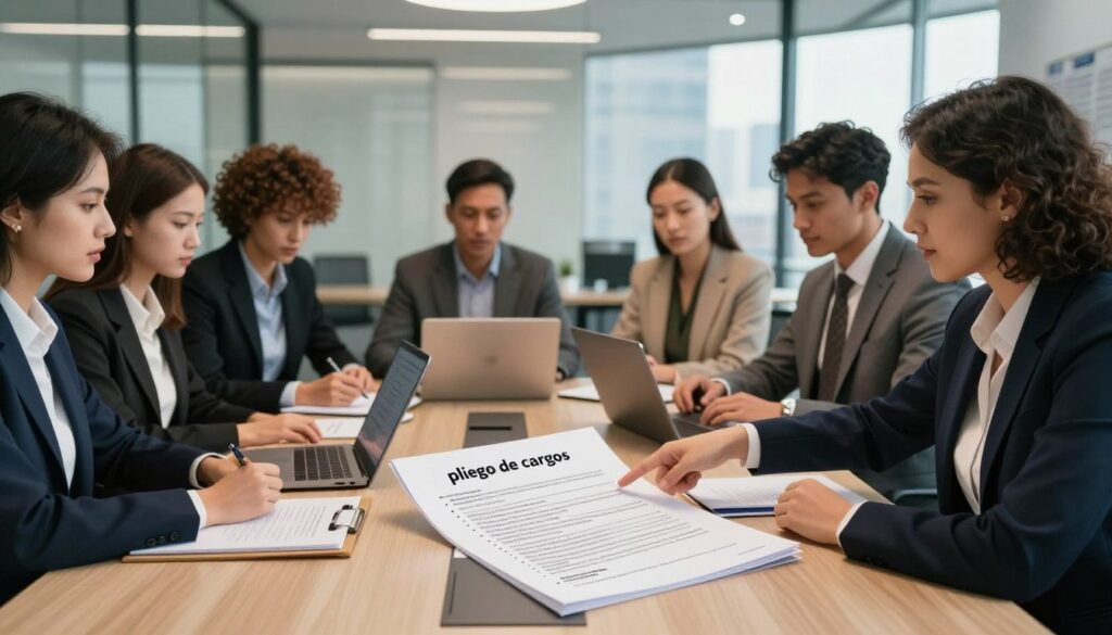 A professional setting featuring a diverse group of individuals in business attire engaged in a collaborative discussion about a "pliego de cargos." In the foreground, a confident woman points to a large document on a sleek conference table, surrounded by her colleagues who are attentively reviewing laptops and notes. In the middle, a prominent "pliego de cargos" document lays open, showcasing its structured text and bullet points. The background has a modern office interior with glass walls, a city skyline visible outside, and warm, natural light filtering through. The atmosphere conveys focus, determination, and professionalism, highlighting key steps for effectively responding to contractual allegations. The scene is shot with a slightly elevated angle to capture the action and expressions clearly.