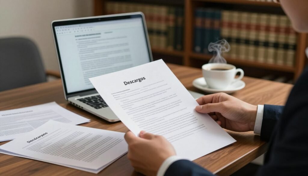 A professional setting featuring a formal office desk with neatly arranged legal documents, focusing on a prominently displayed document titled "Descargos". In the foreground, a pair of hands in business attire is reviewing the document, emphasizing careful examination. The middle ground includes an open laptop with legal references visible on the screen, and a cup of coffee steaming gently next to it. In the background, a bookshelf filled with law books adds depth and context. The lighting is warm and inviting, suggesting a serious yet calm atmosphere conducive to focused work. The image is framed with a slight depth of field, drawing attention to the document and the reviewing hands, while softly blurring the background elements.