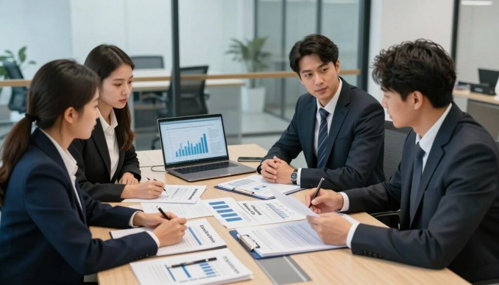 A professional setting for a business meeting focused on economic offers and technical annexes. In the foreground, a diverse group of three professionals in business attire, including a woman in a smart blazer and two men in tailored suits, are engaged in a discussion over documents and a laptop displaying graphs. The middle ground features a large conference table surrounded by charts and reports, with folders labeled "Economic Offer" and "Technical Annexes." The background shows a modern office with large windows letting in natural light, reflecting a productive atmosphere. The mood is serious yet collaborative, capturing the essence of strategic planning in a corporate environment. Soft, diffused lighting emphasizes clarity and focus on the documents in front of them.
