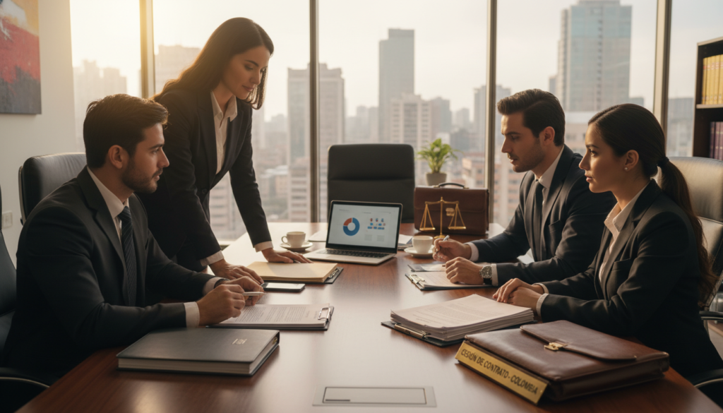 A professional setting representing the legal concept of "cesión contrato" in Colombia. In the foreground, a diverse group of business professionals in formal attire, engaged in discussion over legal documents, showcasing a mix of emotions like determination and collaboration. In the middle ground, a large wooden conference table filled with neatly arranged papers, a laptop, and a legal briefcase. The background features a modern office with large windows, allowing natural light to flood the room, enhancing the atmosphere of professionalism and focus. The lighting is warm and inviting, while the camera angle is slightly overhead, capturing the interaction and details of the scene, with a subtle depth of field effect that keeps the focus on the contract documents. The overall mood conveys seriousness and clarity regarding legal agreements.