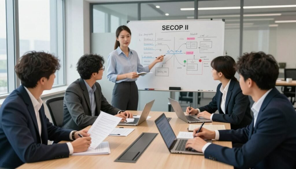 A professional training session on presenting offers in SECOP II, featuring a diverse group of individuals in business attire engaged in a collaborative discussion around a large conference table. The foreground displays a focused group of three professionals—two men and one woman—reviewing documents and digital devices, showcasing their efforts to enhance their proposal skills. In the middle ground, a large whiteboard filled with strategic notes and diagrams adds context to their training. The background reveals a modern office environment with large windows, allowing natural light to enhance an atmosphere of productivity and focus. The scene is well-lit, with soft shadows providing depth, shot from a slightly elevated angle to capture the interactions and the collaborative spirit present in the room.
