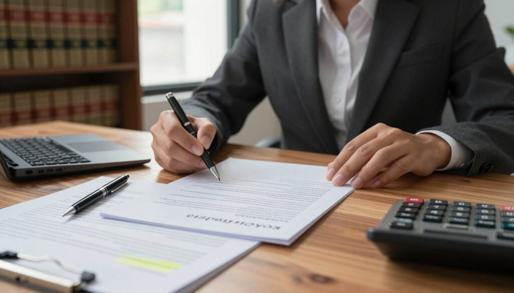 A professional workspace depicting a detailed contract on a wooden desk, showcasing handwritten notes and highlighted sections that emphasize contractual additions. In the foreground, there are legal documents partially visible with a pen and a calculator, symbolizing financial aspects. The middle ground features a well-dressed businessperson, a middle-aged man or woman, engaged in thoughtful analysis over the contract, with a focused expression. The background includes bookshelves filled with legal texts and a window allowing soft, natural light to filter in, creating a warm and inviting atmosphere. The overall mood is one of professionalism and diligent work, capturing the essence of contractual negotiations and their impact on financial implications.