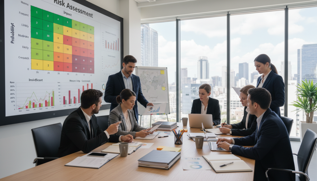 A professional workspace featuring a detailed risk assessment matrix displayed on a large screen, with vivid graphs and color-coded risk levels representing probability and impact. In the foreground, a diverse group of business professionals in business attire deeply engaged in discussion and analysis, utilizing laptops and notepads. The middle ground showcases a large conference table cluttered with documents and risk management tools. The background features a modern office setting with glass walls allowing natural light to flood in, creating a bright and open atmosphere. The overall mood is focused and collaborative, emphasizing seriousness and diligence in risk evaluation. The image captures the essence of professionalism and analytical rigor in risk management analysis.