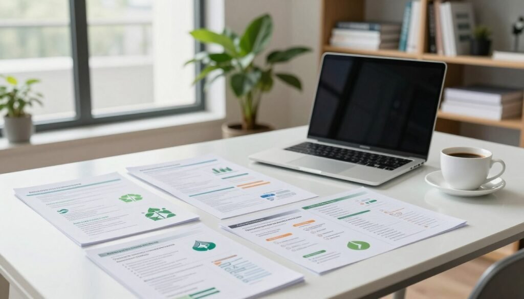 A professional workspace featuring detailed technical sheets on sustainability practices. In the foreground, a clear desk with neatly arranged technical fiches, highlighting environmental and social criteria, displayed against a modern laptop and a cup of coffee. In the middle ground, a large window lets in soft natural light, illuminating a green plant to reinforce the theme of sustainability. The background shows shelves filled with books and documents on public procurement practices. The mood is focused and inspiring, conveying a sense of purpose in responsible purchasing. Capture this scene with a slightly elevated angle, emphasizing the organization and intent behind the arranged materials.