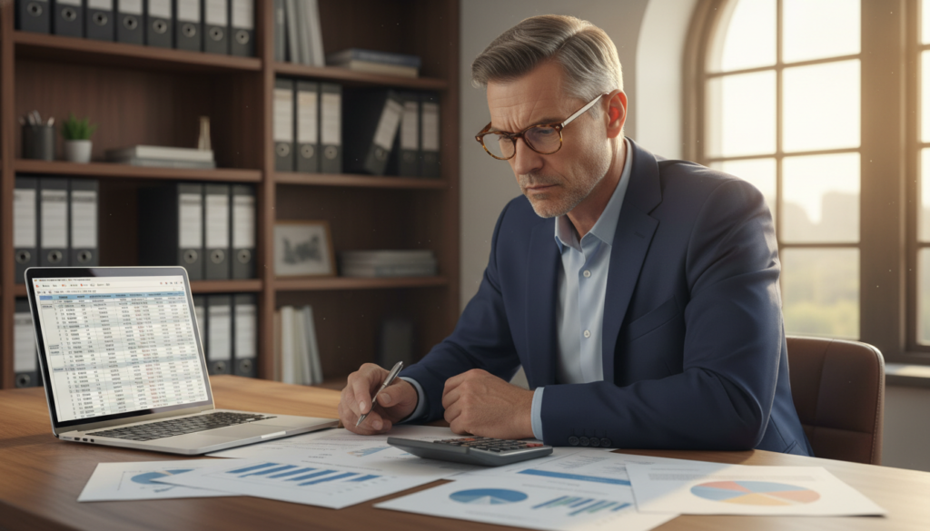 A professional workspace showcasing a detailed cost analysis scenario for project bidding. In the foreground, a clean, modern desk with a laptop opened to a spreadsheet displaying complex calculations. Scattered around are papers with graphs and cost breakdowns, as well as a calculator. In the middle ground, a focused businessperson in professional attire, a middle-aged man with glasses, analyzing documents with an intense expression, demonstrating a sense of urgency and seriousness. The background features shelves filled with industry reports and a soft-focus window allowing warm, natural light to stream in, creating a bright and productive atmosphere. Emphasize clarity and professionalism, highlighting the importance of accurate cost calculations in bidding processes. A professional workspace showcasing a detailed cost analysis scenario for project bidding. In the foreground, a clean, modern desk with a laptop opened to a spreadsheet displaying complex calculations. Scattered around are papers with graphs and cost breakdowns, as well as a calculator. In the middle ground, a focused businessperson in professional attire, a middle-aged man with glasses, analyzing documents with an intense expression, demonstrating a sense of urgency and seriousness. The background features shelves filled with industry reports and a soft-focus window allowing warm, natural light to stream in, creating a bright and productive atmosphere. Emphasize clarity and professionalism, highlighting the importance of accurate cost calculations in bidding processes.